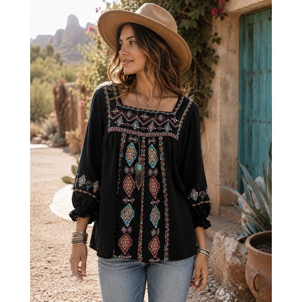 Savanna Jane Black Embroidered Peasant Top Tunic 1X Boho Hippie Indie 3/4 Sleeve